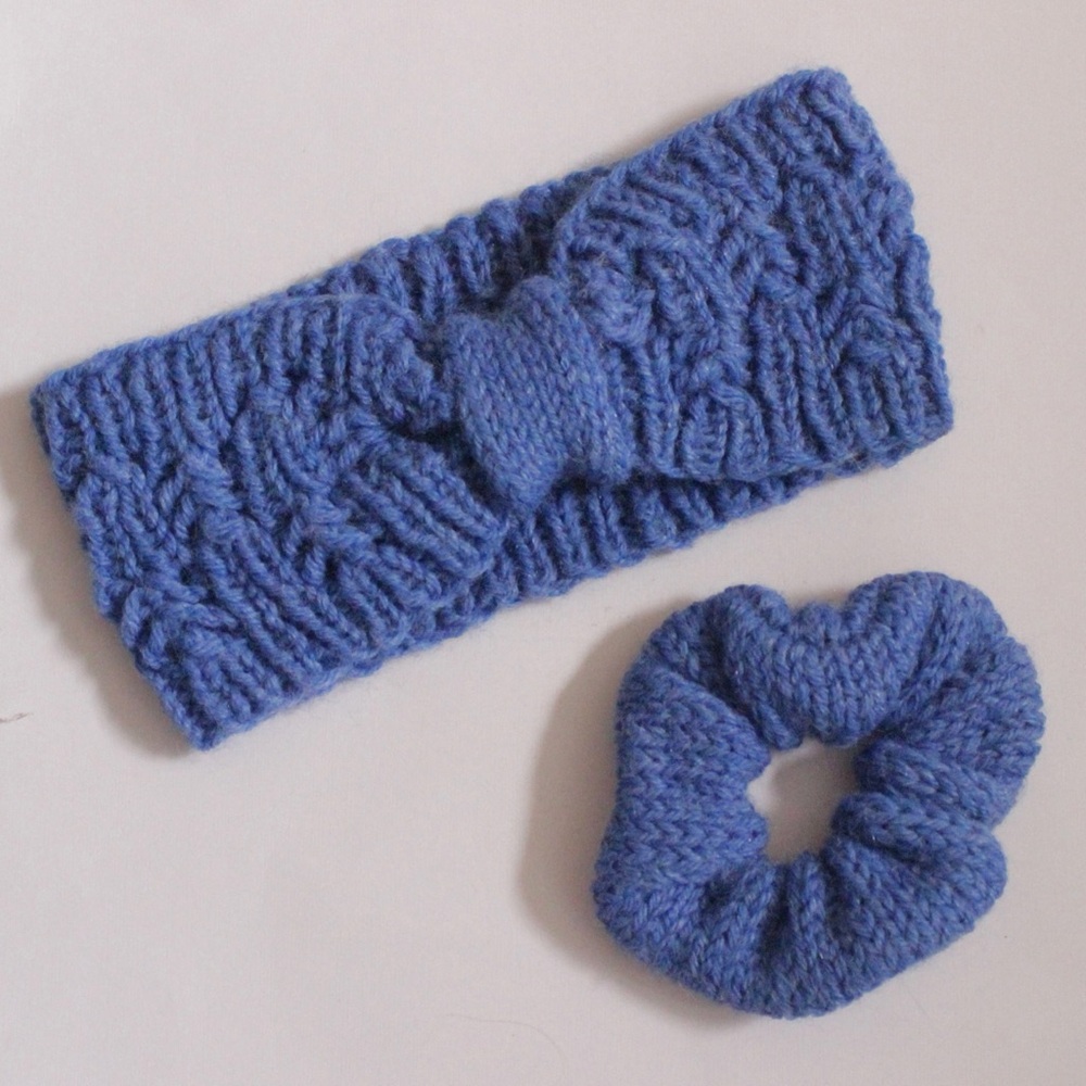 Handmade Women’s Blue Lace Knit Headband and Scrunchie Set